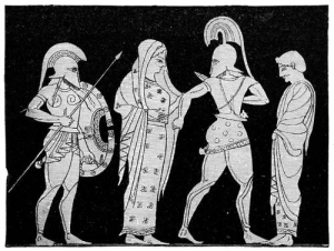 Greek vase painting: Hecuba led away to captivity.